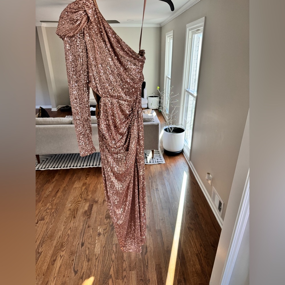 Aqua x Maeve Reilly pink sequin one shoulder dress